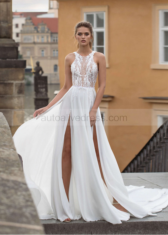 Beaded Tank Bodice Chiffon Slit Wedding Dress